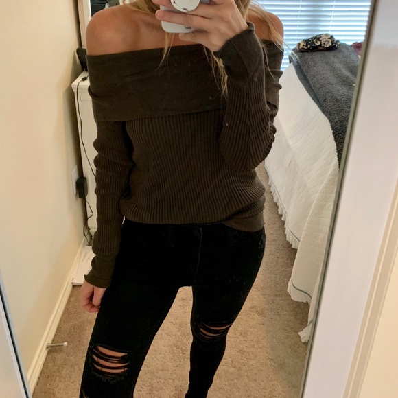 olive green off the shoulder sweater